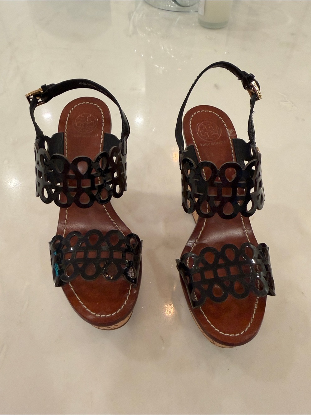 Tory Burch Black Patent Wedge Laser-Cut Leather Slingback Sandals Size 8